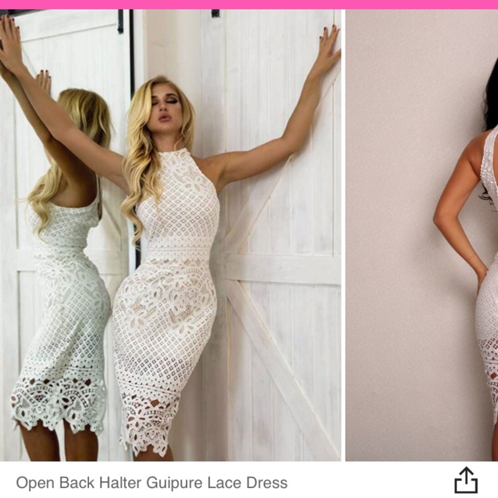 Open back halter white lace dress